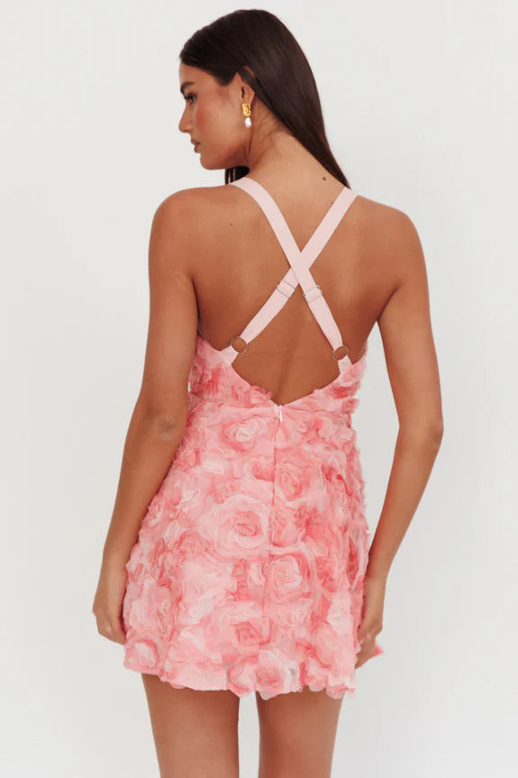 Pretty V Neck Rosette Criss-Cross Embellished Pink Mini Homecoming Dress