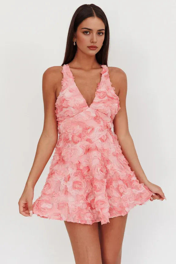 Pretty V Neck Rosette Criss-Cross Embellished Pink Mini Homecoming Dress