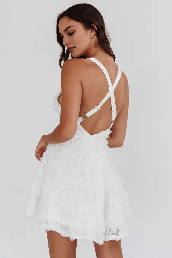 Pretty V Neck Rosette Criss-Cross Embellished White Mini Homecoming Dress