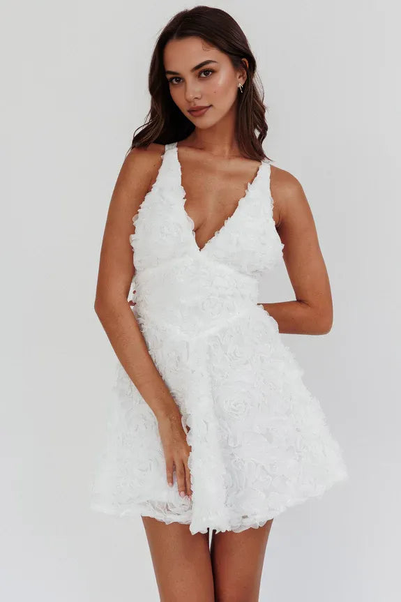 Pretty V Neck Rosette Criss-Cross Embellished White Mini Homecoming Dress