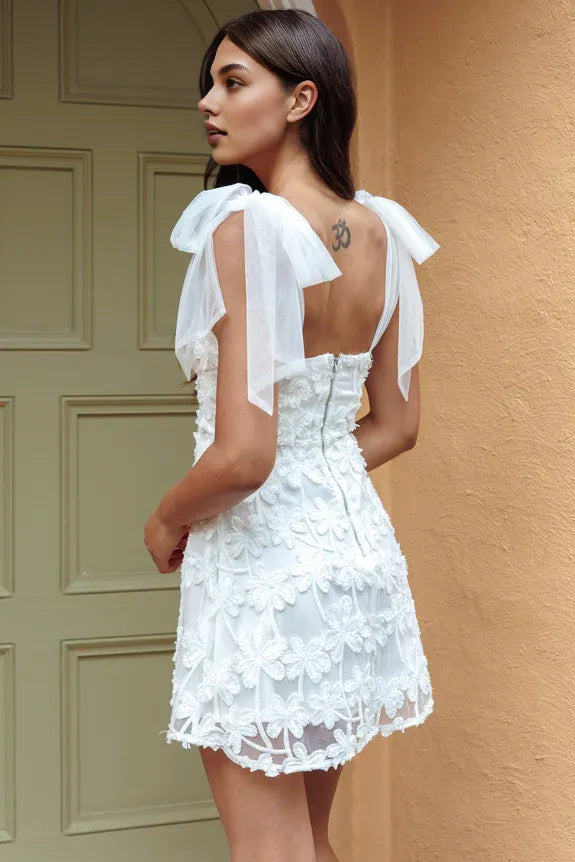 Pretty V Neck Tied Shoulder Embellished White Mini Homecoming Dress For Ladies