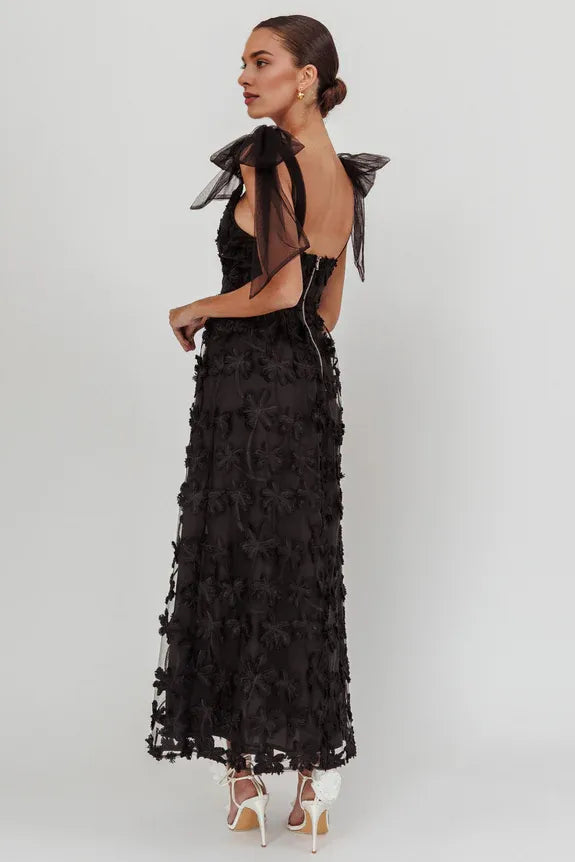 Pretty V Neck Tied Shoulder Palm Tree Mesh Black Maxi Homecoming Dress