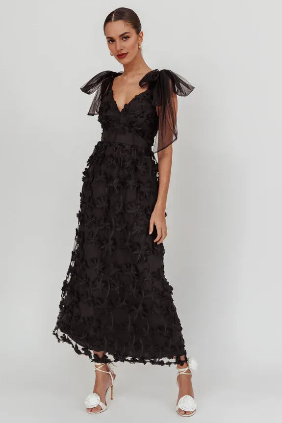 Pretty V Neck Tied Shoulder Palm Tree Mesh Black Maxi Homecoming Dress