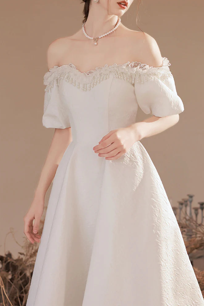Pretty White Blended Off-Shoulder Tea Length Prom Dresses A-Line Homecoming Party Dresses