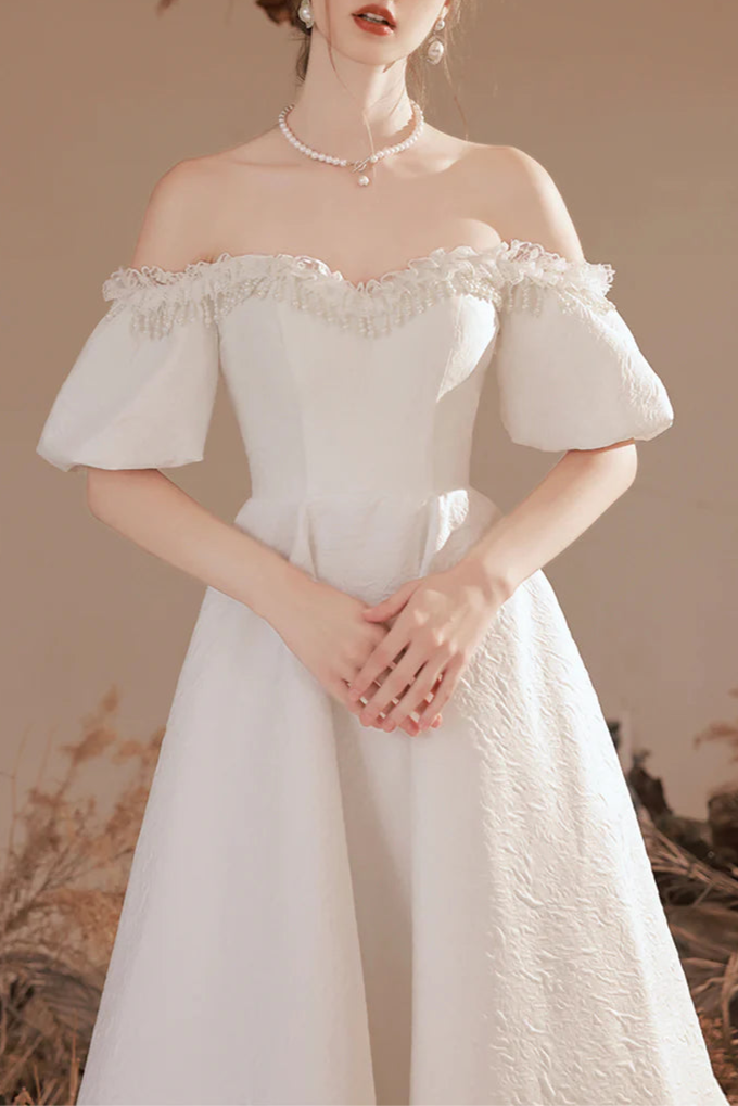 Pretty White Blended Off-Shoulder Tea Length Prom Dresses A-Line Homecoming Party Dresses