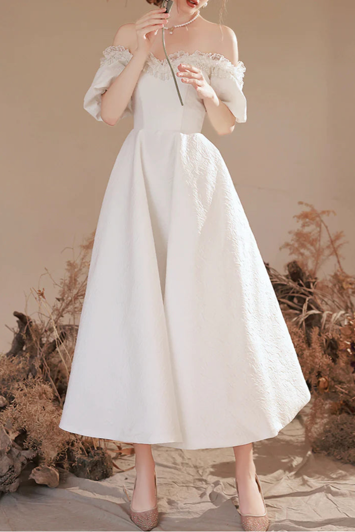 Pretty White Blended Off-Shoulder Tea Length Prom Dresses A-Line Homecoming Party Dresses