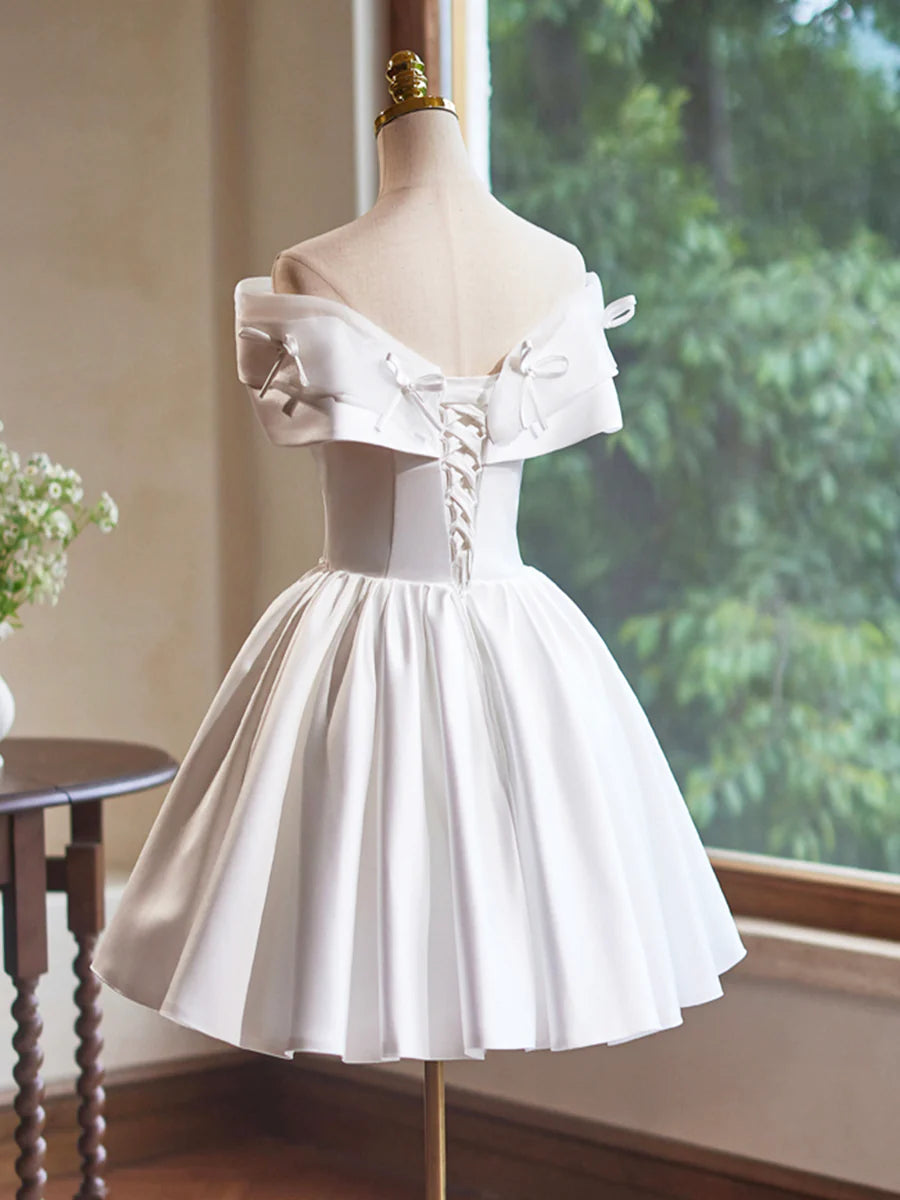 Pretty White Satin Pleated Butterfly Bow Party Dresses A-Line Strapless Homecoming Dress