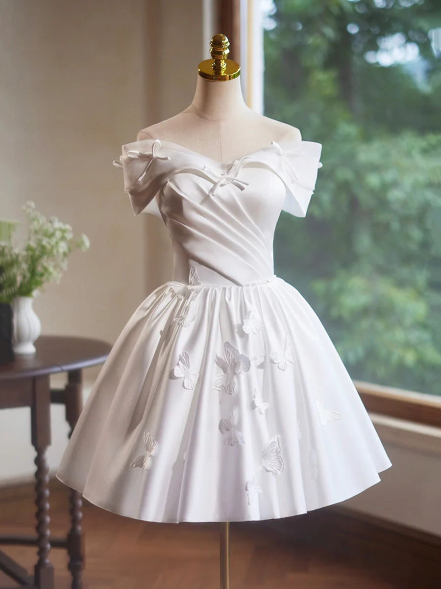 Pretty White Satin Pleated Butterfly Bow Party Dresses A-Line Strapless Homecoming Dress