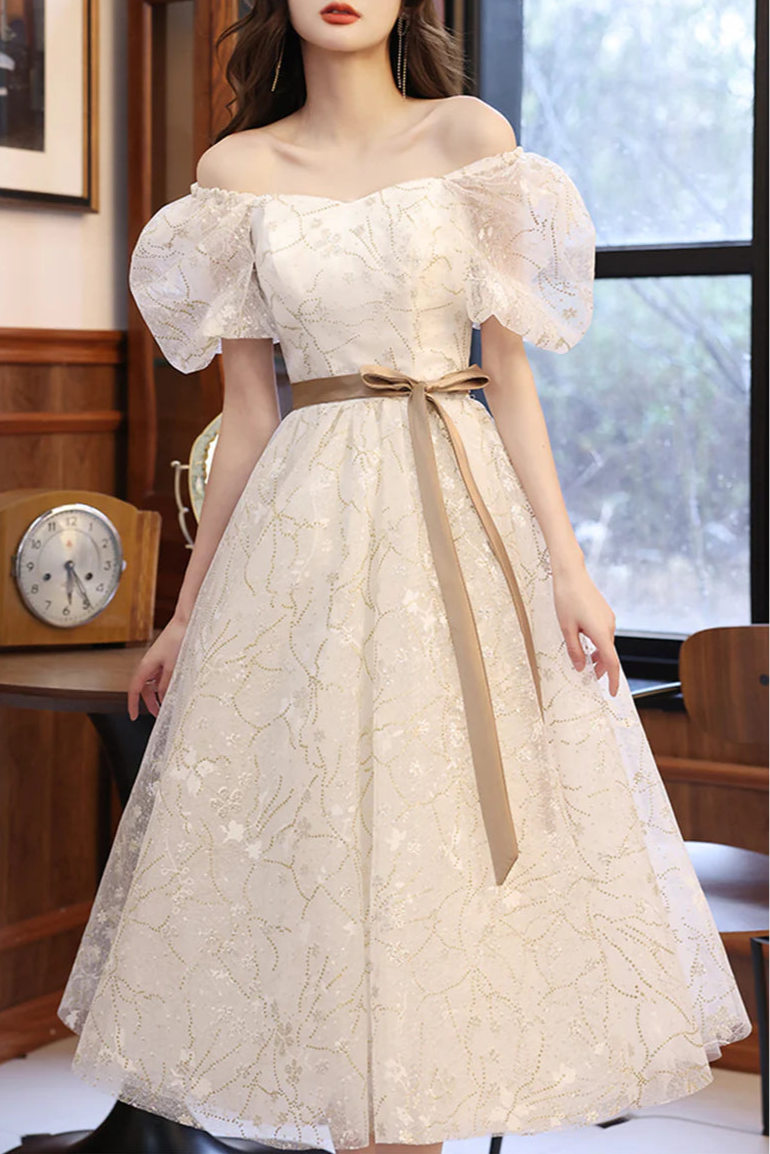 Pretty White Tulle Printing Short Sleeve Lace-Up Prom Dress A-Line Party Homecoming Dress