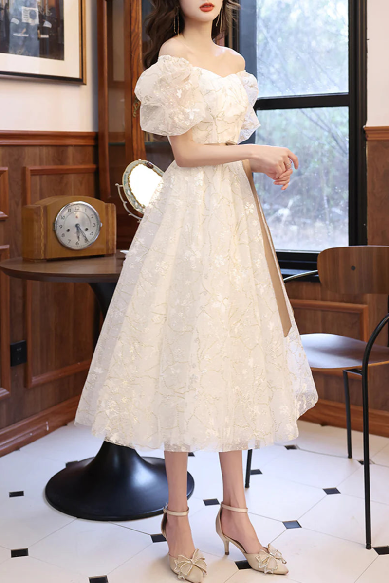 Pretty White Tulle Printing Short Sleeve Lace-Up Prom Dress A-Line Party Homecoming Dress