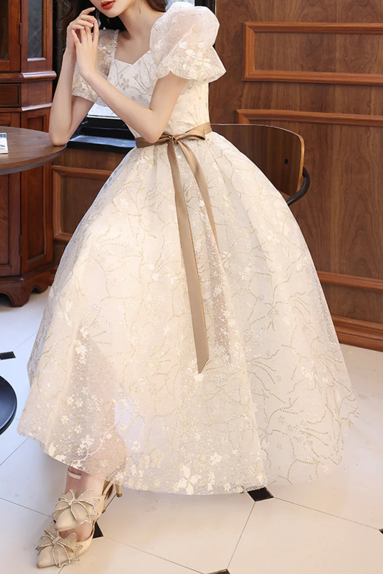 Pretty White Tulle Printing Short Sleeve Lace-Up Prom Dress A-Line Party Homecoming Dress