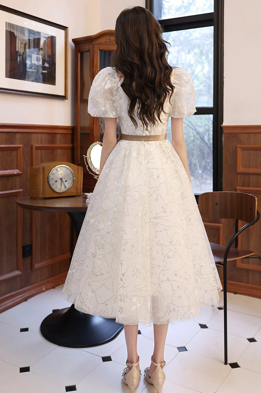 Pretty White Tulle Printing Short Sleeve Lace-Up Prom Dress A-Line Party Homecoming Dress