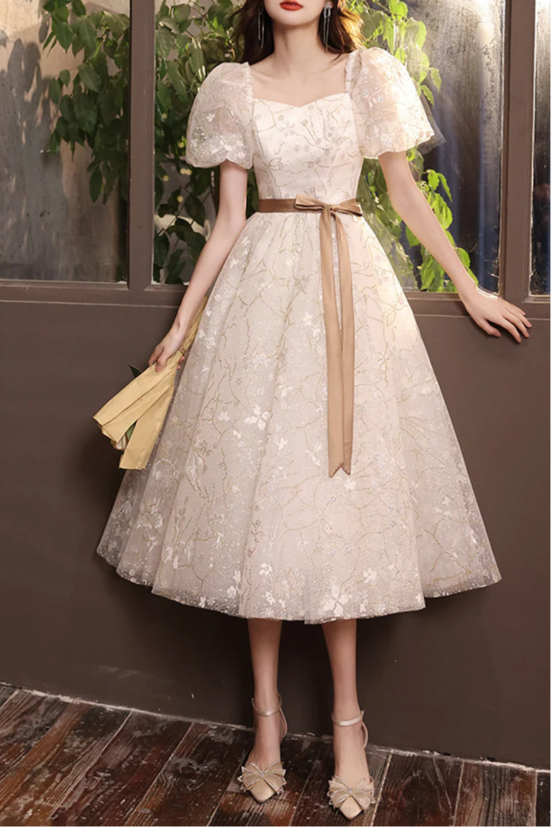 Pretty White Tulle Printing Short Sleeve Lace-Up Prom Dress A-Line Party Homecoming Dress