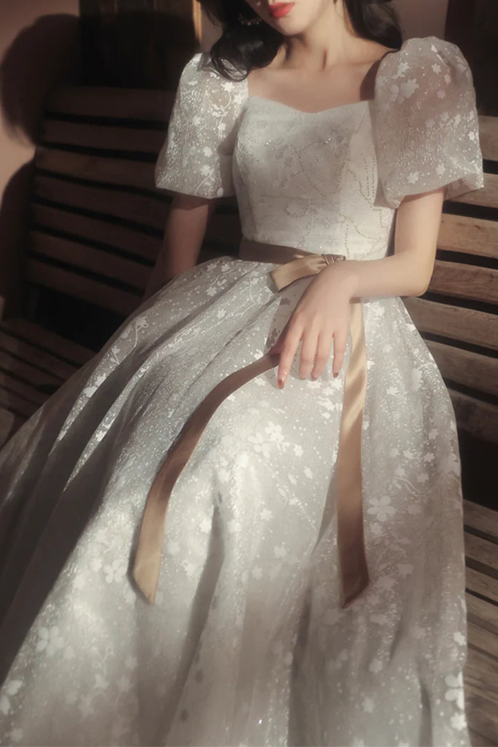 Pretty White Tulle Printing Short Sleeve Prom Dress Cute A-Line Floor Length Homecoming Dress