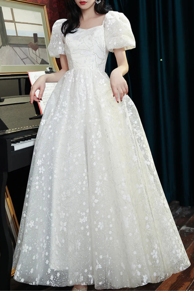 Pretty White Tulle Printing Short Sleeve Prom Dress Cute A-Line Floor Length Homecoming Dress