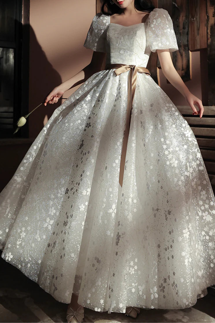 Pretty White Tulle Printing Short Sleeve Prom Dress Cute A-Line Floor Length Homecoming Dress