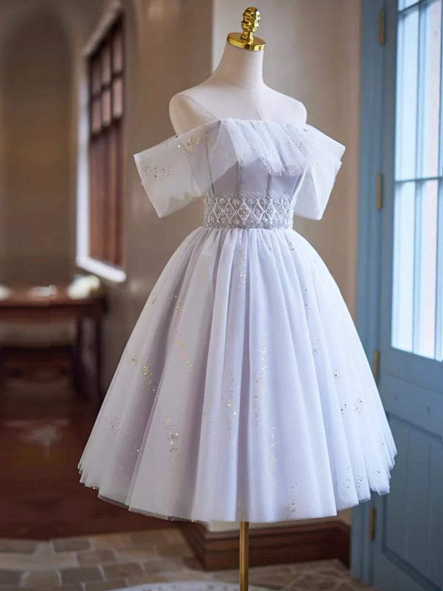 Pretty White Tulle Sequins Corset Short Homecoming Dress Off the Shoulder Evening Party Dress