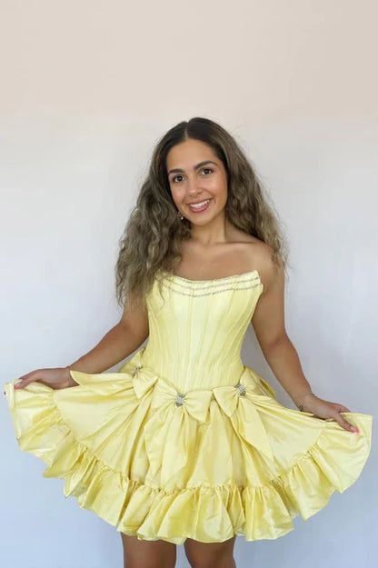Pretty Yellow Puffy Bow Tie Strapless Beaded A Line Short Homecoming Dress With Bows