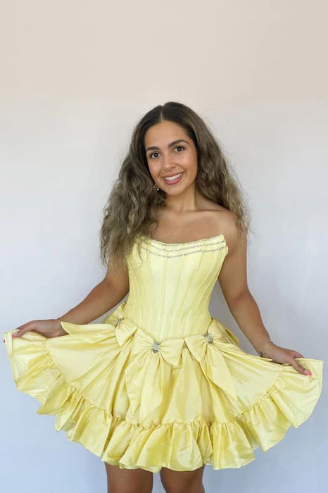 Pretty Yellow Puffy Bow Tie Strapless Beaded A Line Short Homecoming Dress With Bows