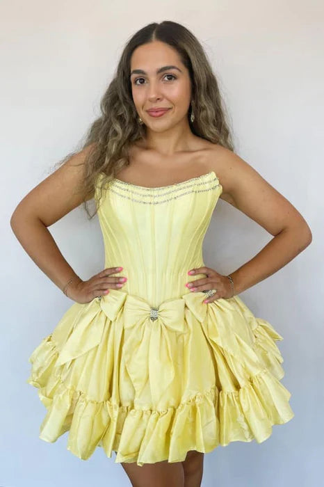 Pretty Yellow Puffy Bow Tie Strapless Beaded A Line Short Homecoming Dress With Bows