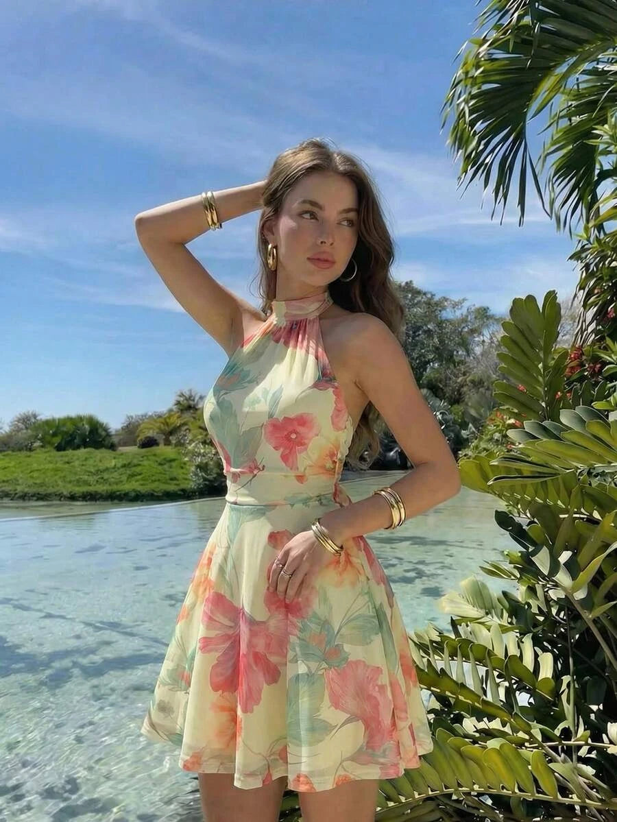 Pretty A-Line Halter Tie Backless Floral Yellow Short Homecoming Dress For Ladies