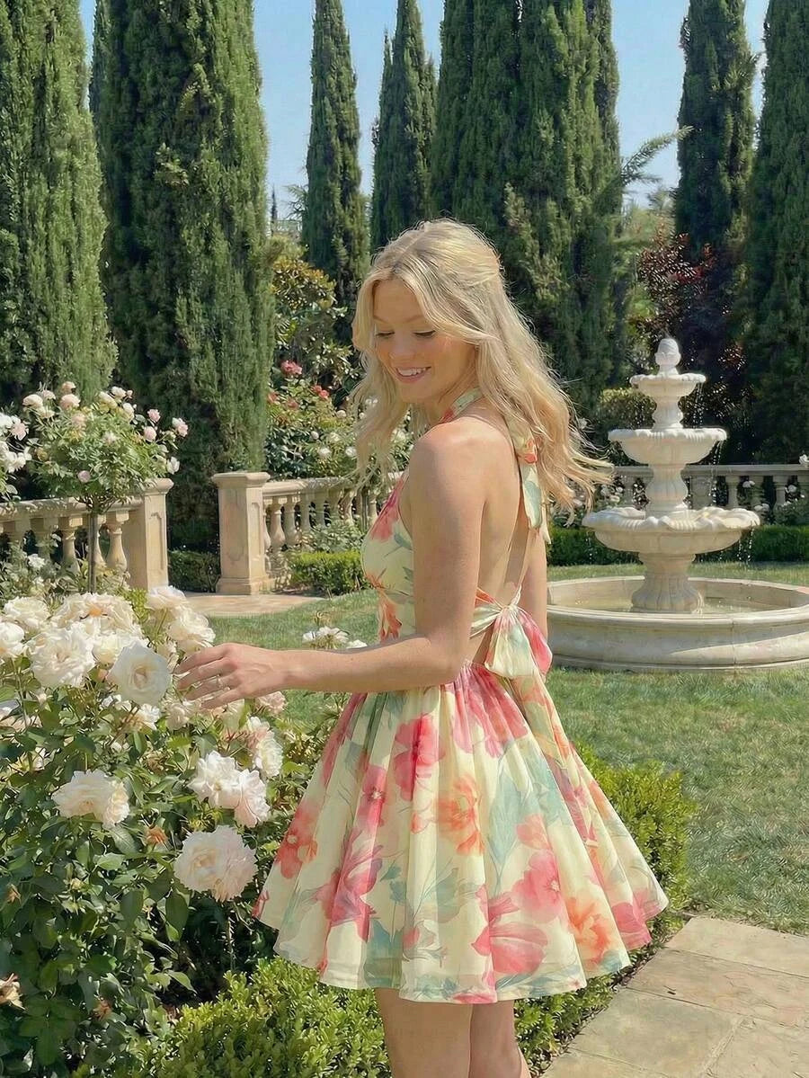Pretty A-Line Halter Tie Backless Floral Yellow Short Homecoming Dress For Ladies