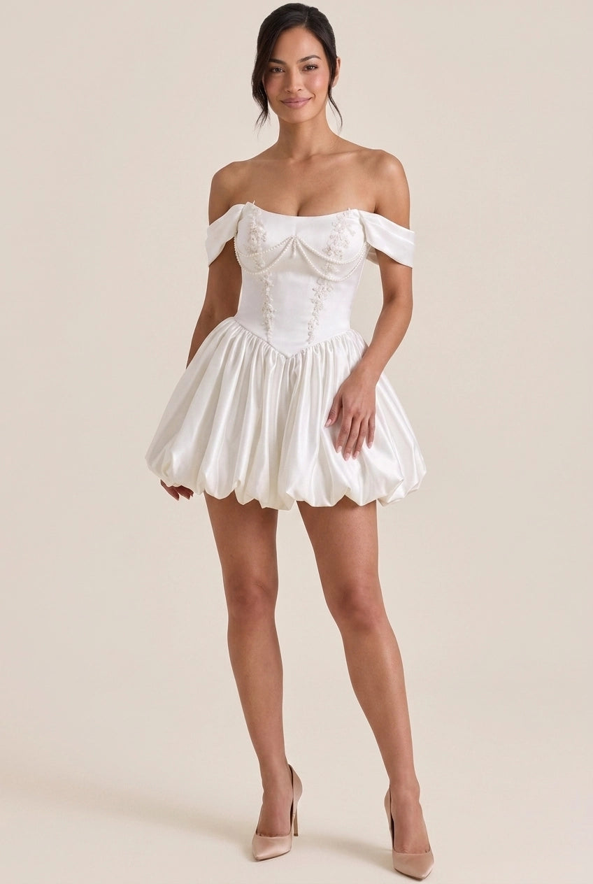 Pretty A-Line Off-Shoulder Beaded Bubble Skirt Ivory Short Homecoming Dress