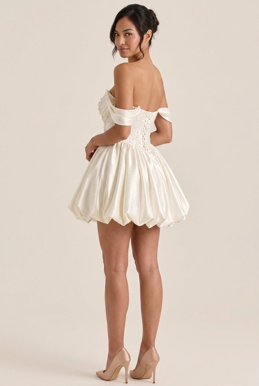 Pretty A-Line Off-Shoulder Beaded Bubble Skirt Ivory Short Homecoming Dress