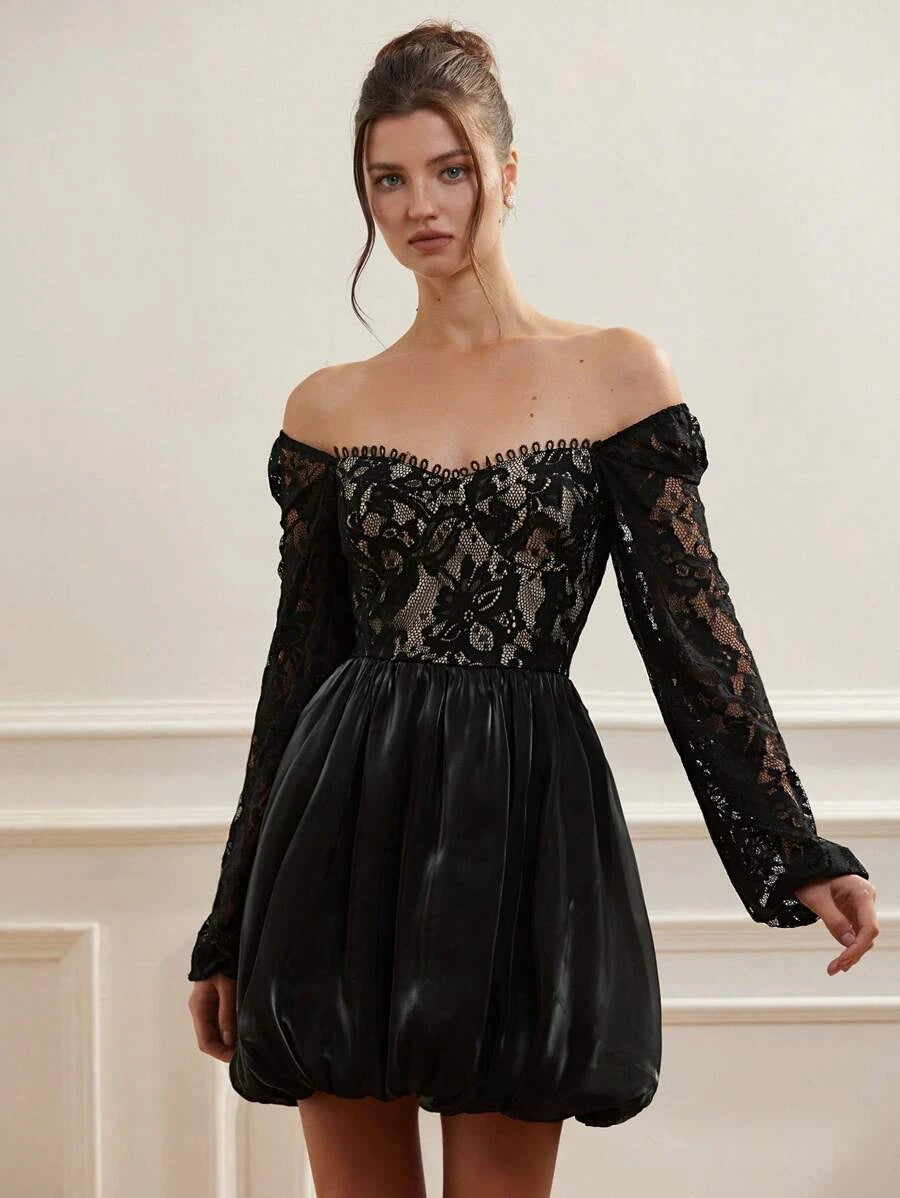 Pretty A-Line Off-Shoulder Long Sleeves Lace Satin Black Short Homecoming Dress