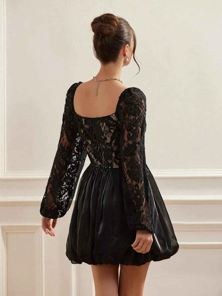 Pretty A-Line Off-Shoulder Long Sleeves Lace Satin Black Short Homecoming Dress