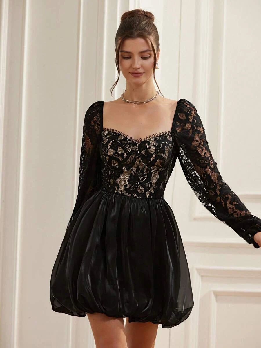 Pretty A-Line Off-Shoulder Long Sleeves Lace Satin Black Short Homecoming Dress