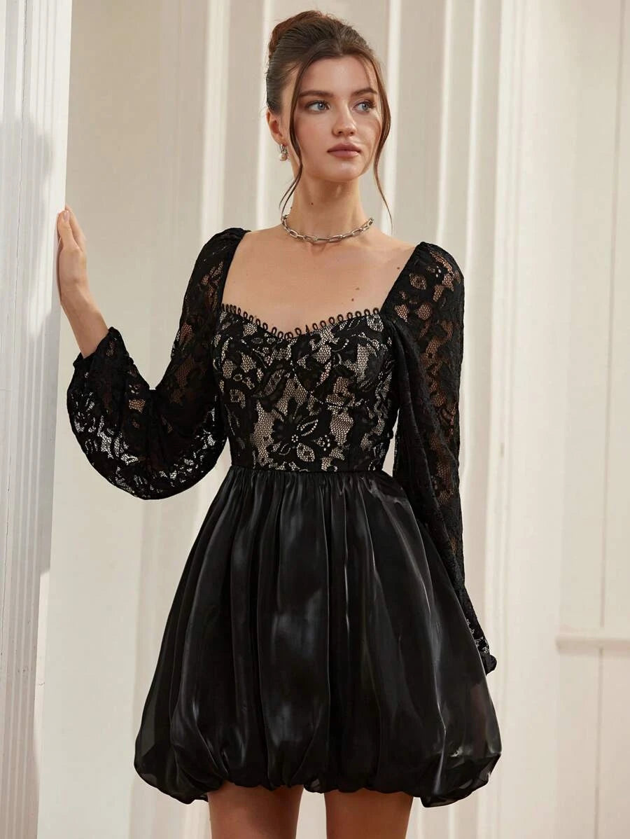 Pretty A-Line Off-Shoulder Long Sleeves Lace Satin Black Short Homecoming Dress