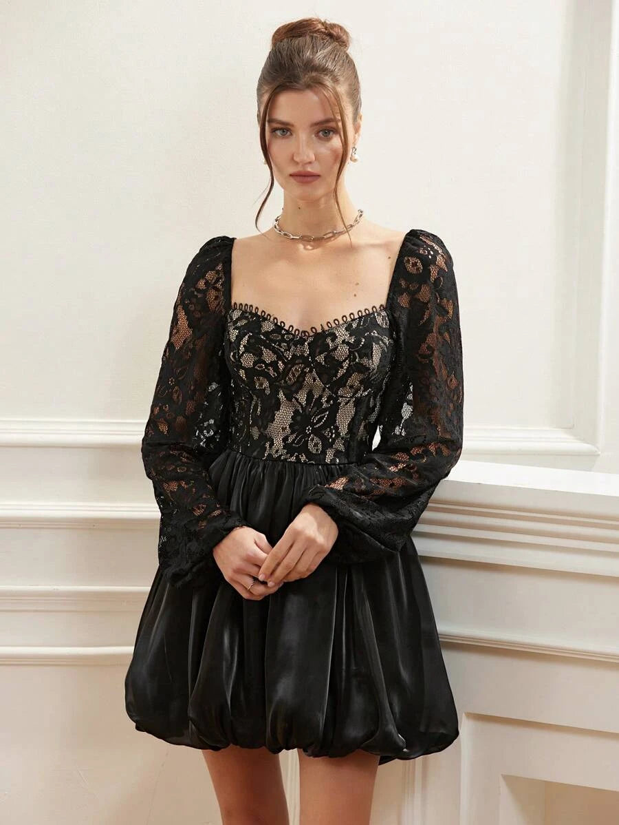 Pretty A-Line Off-Shoulder Long Sleeves Lace Satin Black Short Homecoming Dress