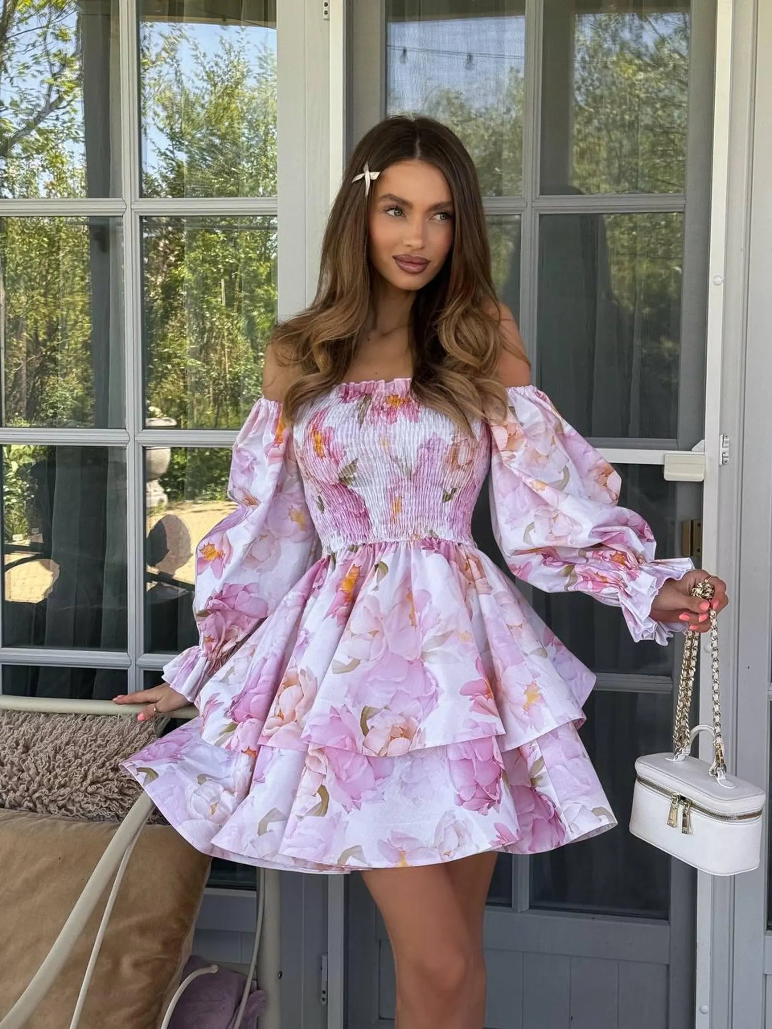 Pretty A-Line Off-Shoulder Puff Sleeve Floral Smocked Pink Short Homecoming Dress