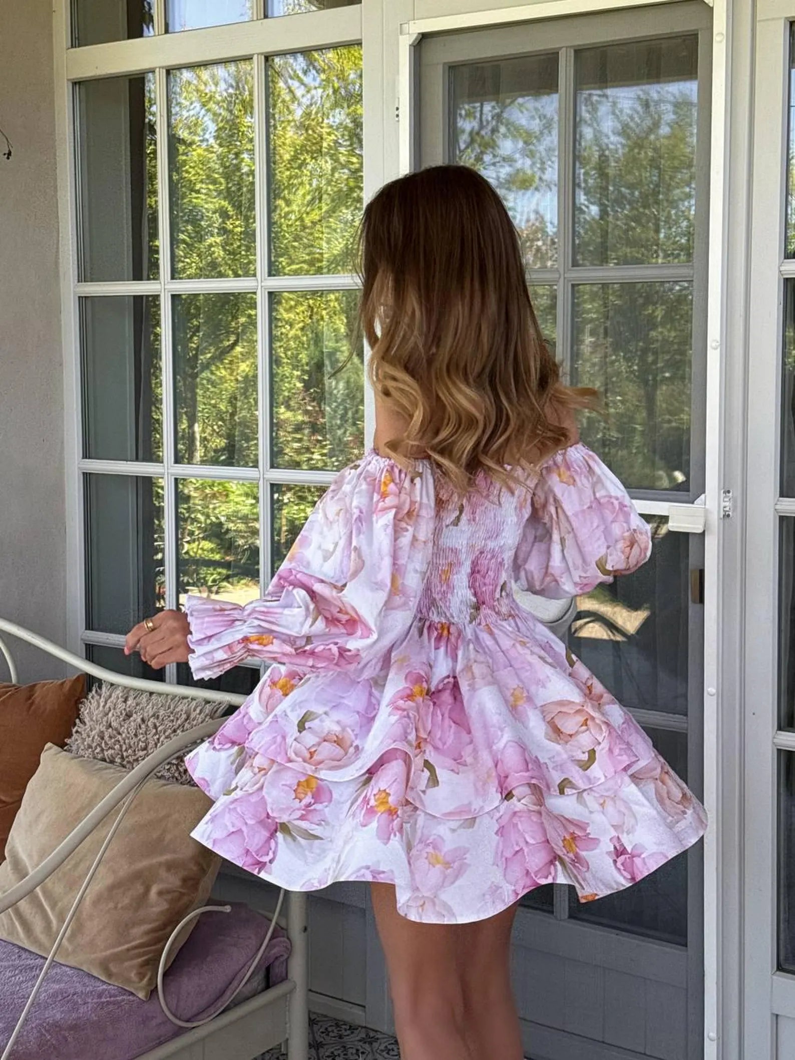 Pretty A-Line Off-Shoulder Puff Sleeve Floral Smocked Pink Short Homecoming Dress