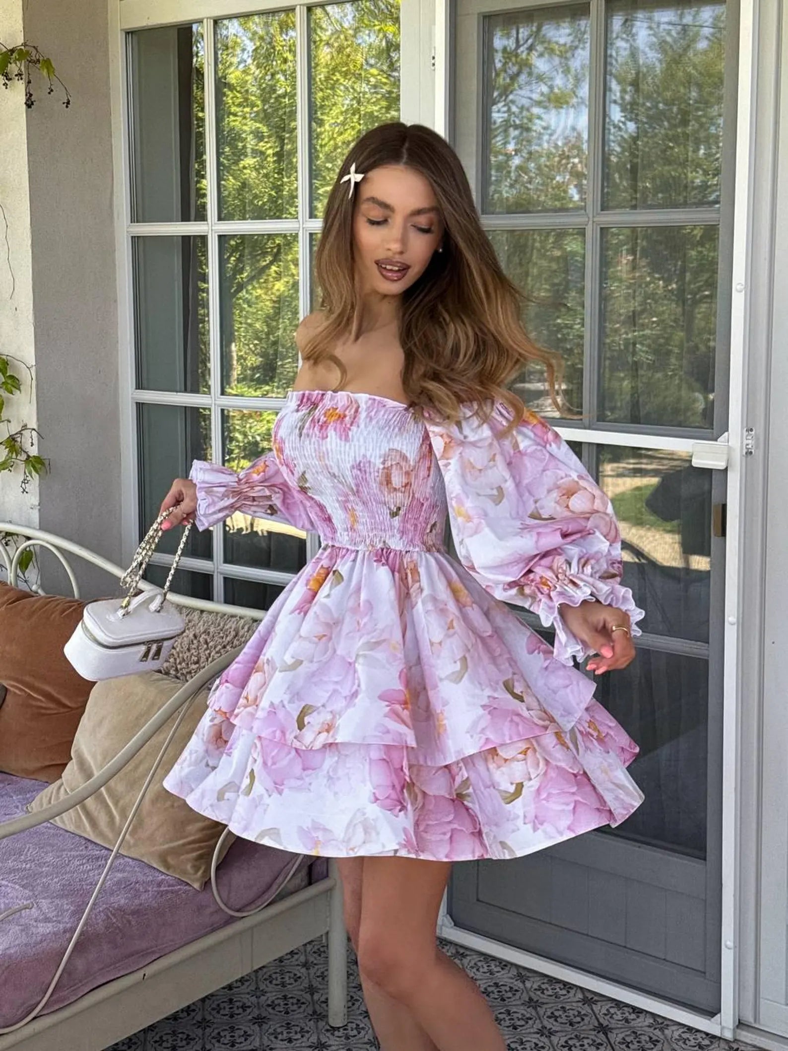 Pretty A-Line Off-Shoulder Puff Sleeve Floral Smocked Pink Short Homecoming Dress