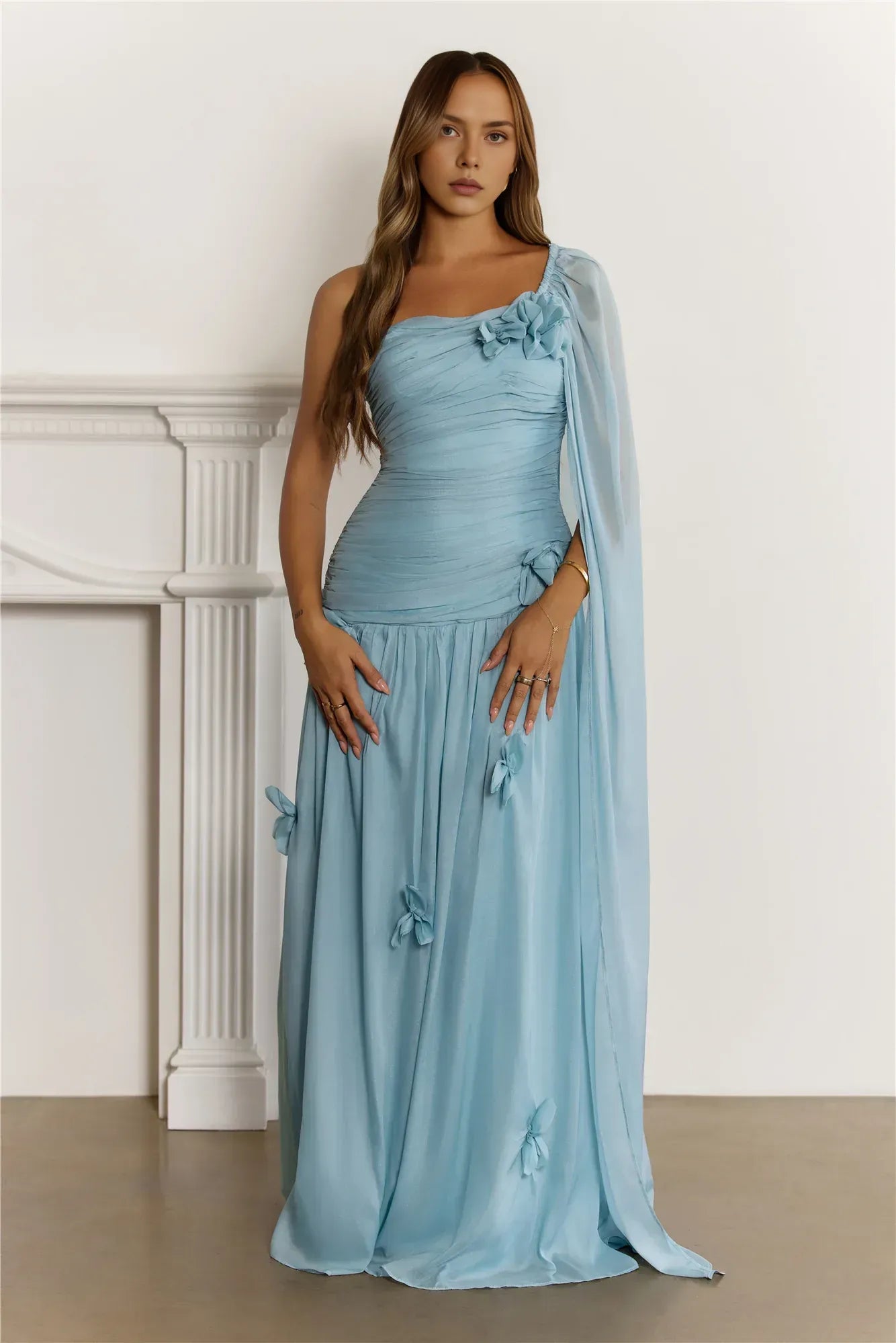Pretty A-Line One-Shoulder 3D Floral Ruched Light Blue Floor-Length Prom Dress