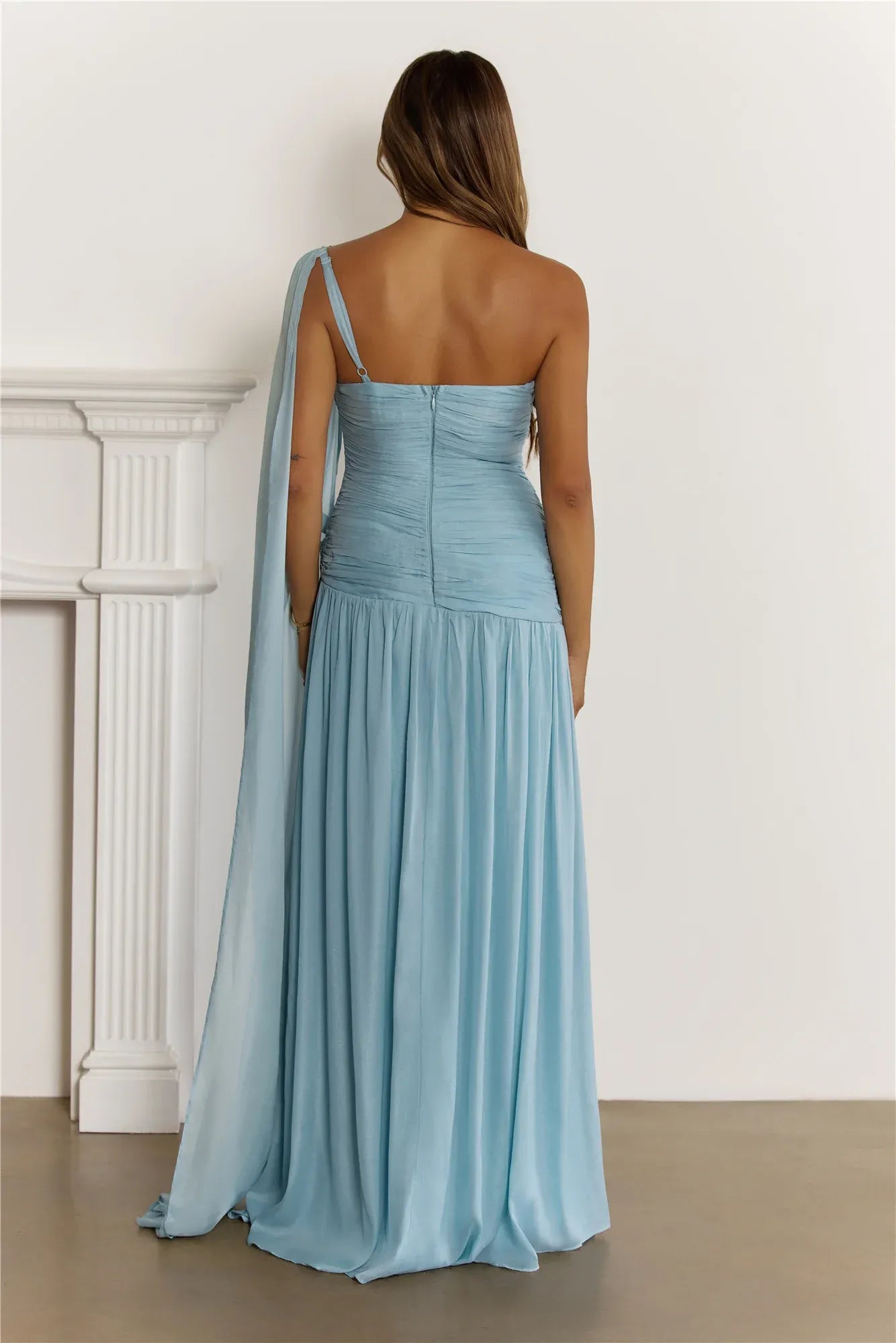 Pretty A-Line One-Shoulder 3D Floral Ruched Light Blue Floor-Length Prom Dress