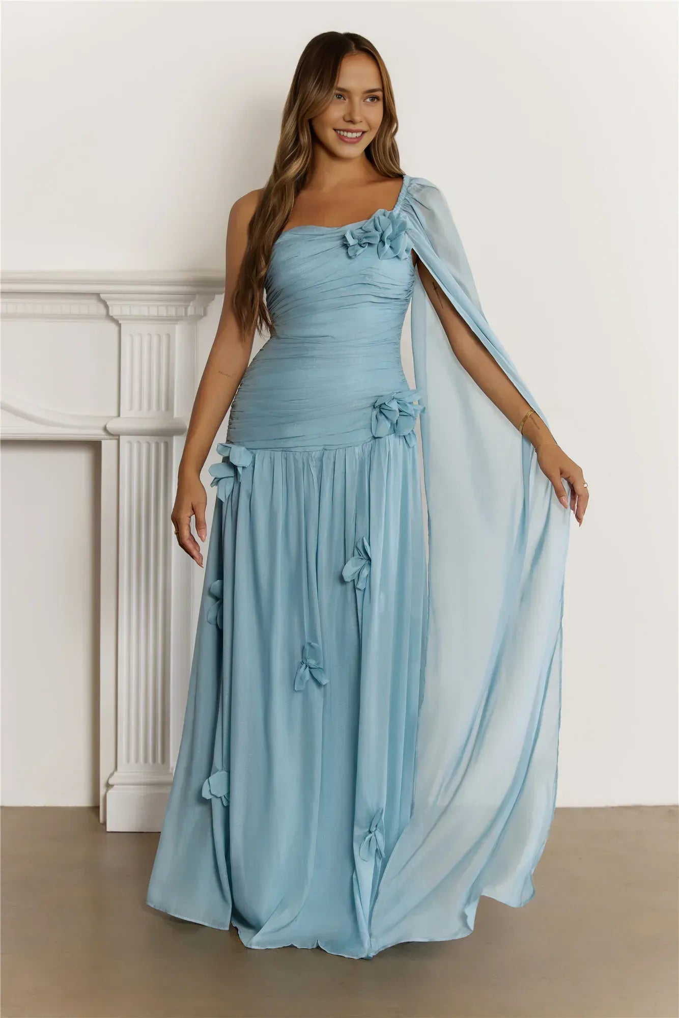 Pretty A-Line One-Shoulder 3D Floral Ruched Light Blue Floor-Length Prom Dress