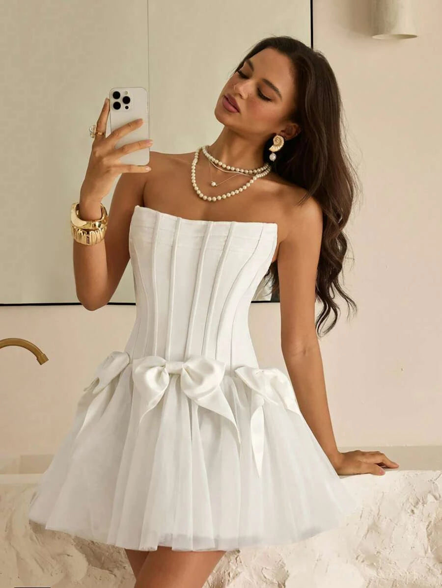 Pretty A-Line Strapless Corset Bow Ruffled Mesh Satin White Mini Homecoming Dresses