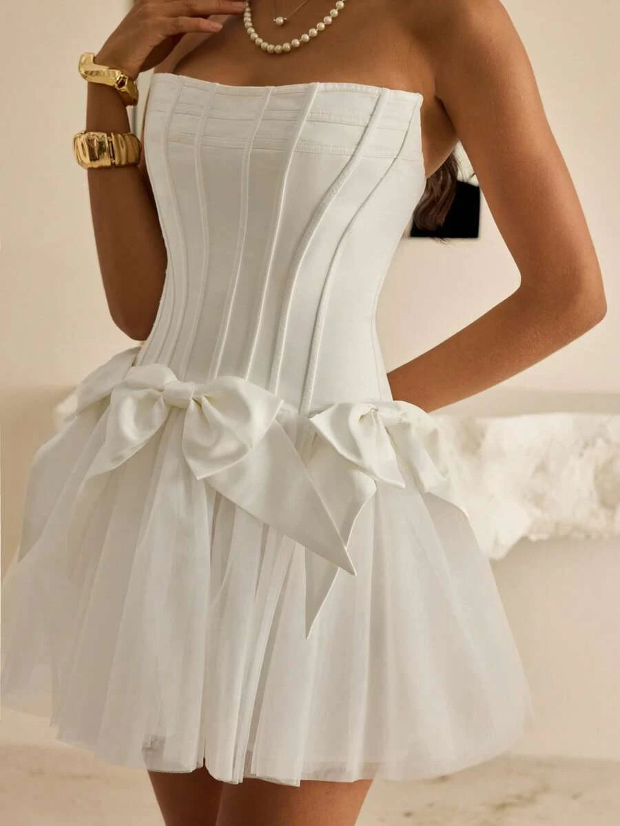 Pretty A-Line Strapless Corset Bow Ruffled Mesh Satin White Mini Homecoming Dresses