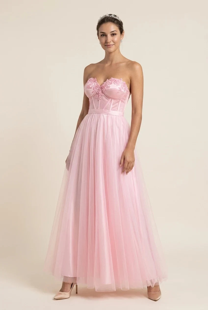 Pretty A-Line Strapless Corset Tulle Pink Floor-Length Prom Dress With Applique
