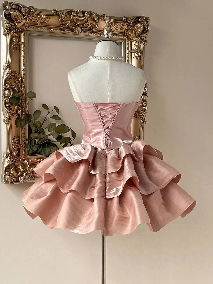 Pretty A-Line Sweetheart Bow-Accent Ruffled Organza Blush Pink Mini Homecoming Dresses