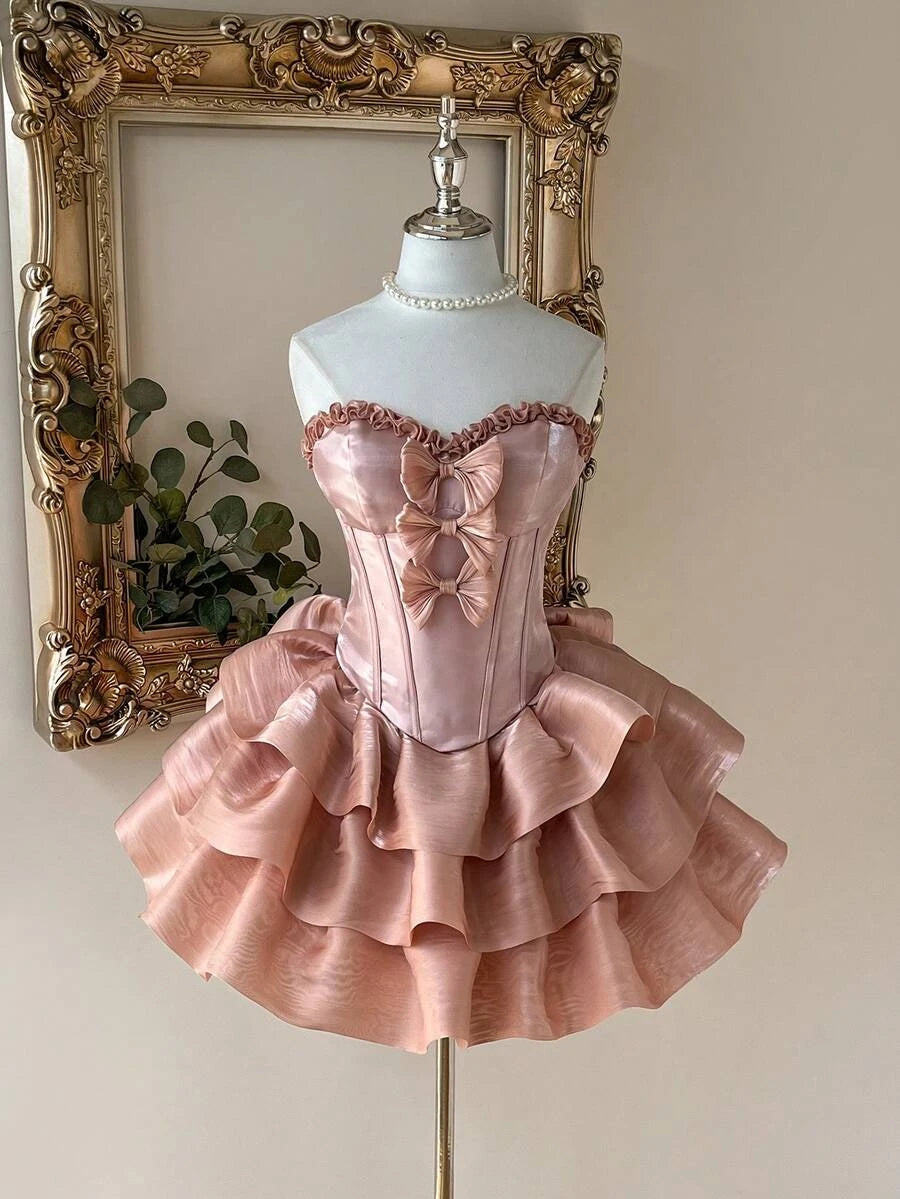 Pretty A-Line Sweetheart Bow-Accent Ruffled Organza Blush Pink Mini Homecoming Dresses