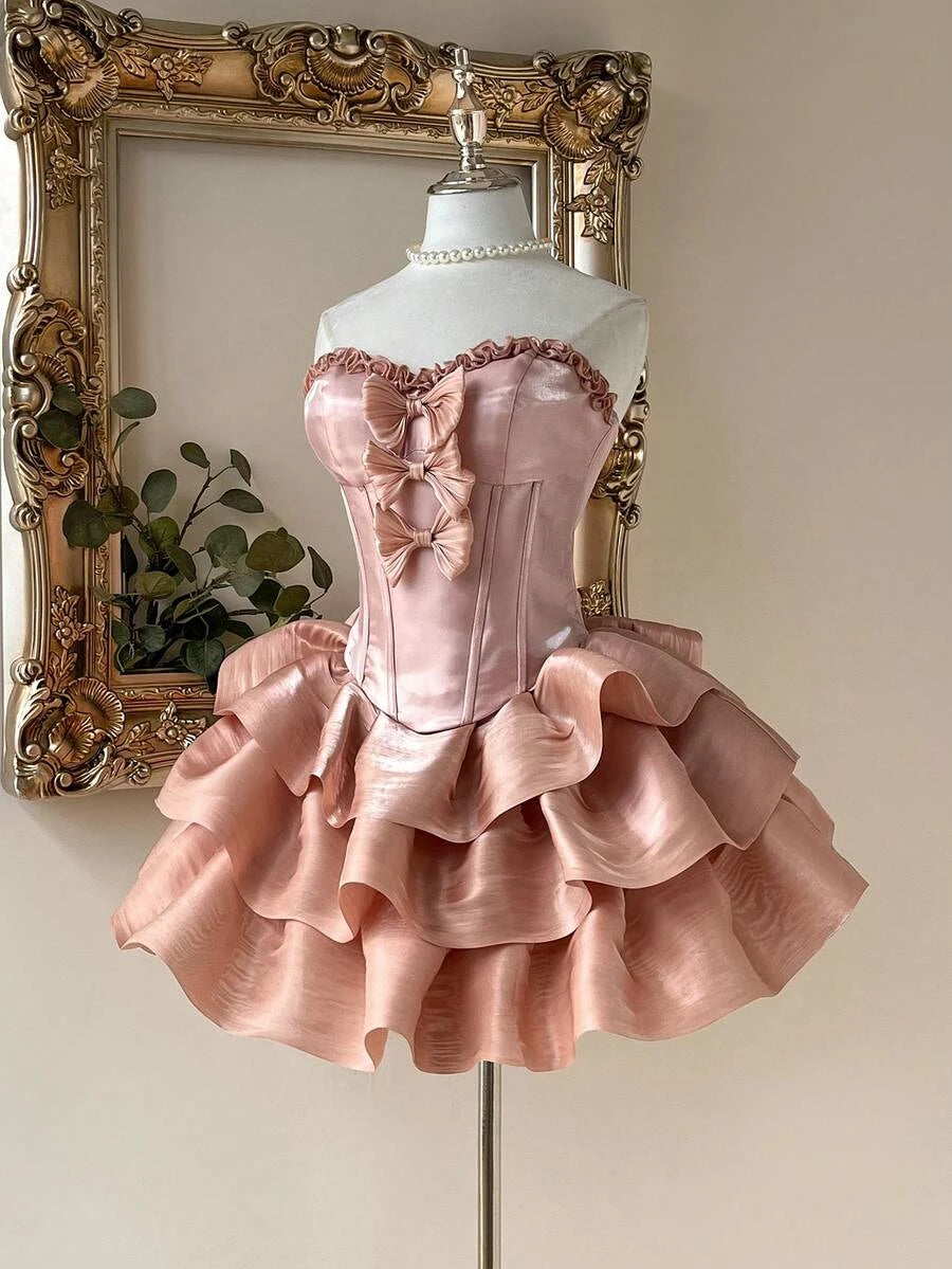 Pretty A-Line Sweetheart Bow-Accent Ruffled Organza Blush Pink Mini Homecoming Dresses