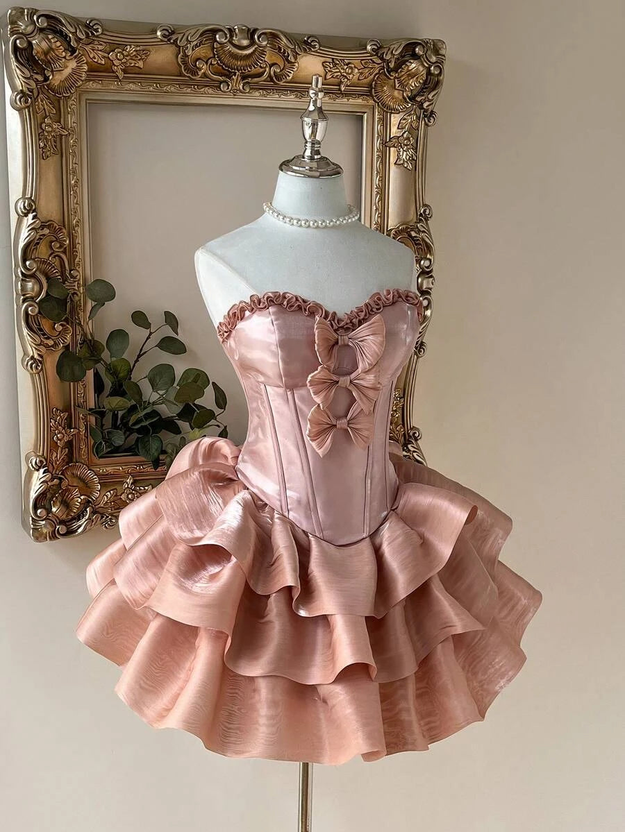 Pretty A-Line Sweetheart Bow-Accent Ruffled Organza Blush Pink Mini Homecoming Dresses