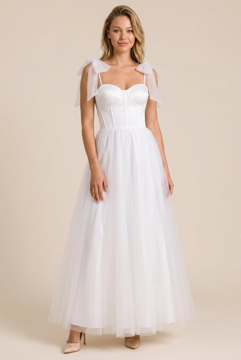 Pretty A-Line Sweetheart Bow-Strap Corset Tulle Ivory Full Length Prom Dress