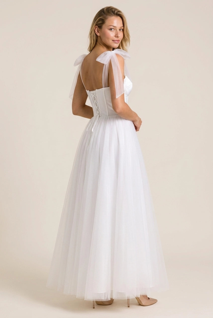 Pretty A-Line Sweetheart Bow-Strap Corset Tulle Ivory Full Length Prom Dress