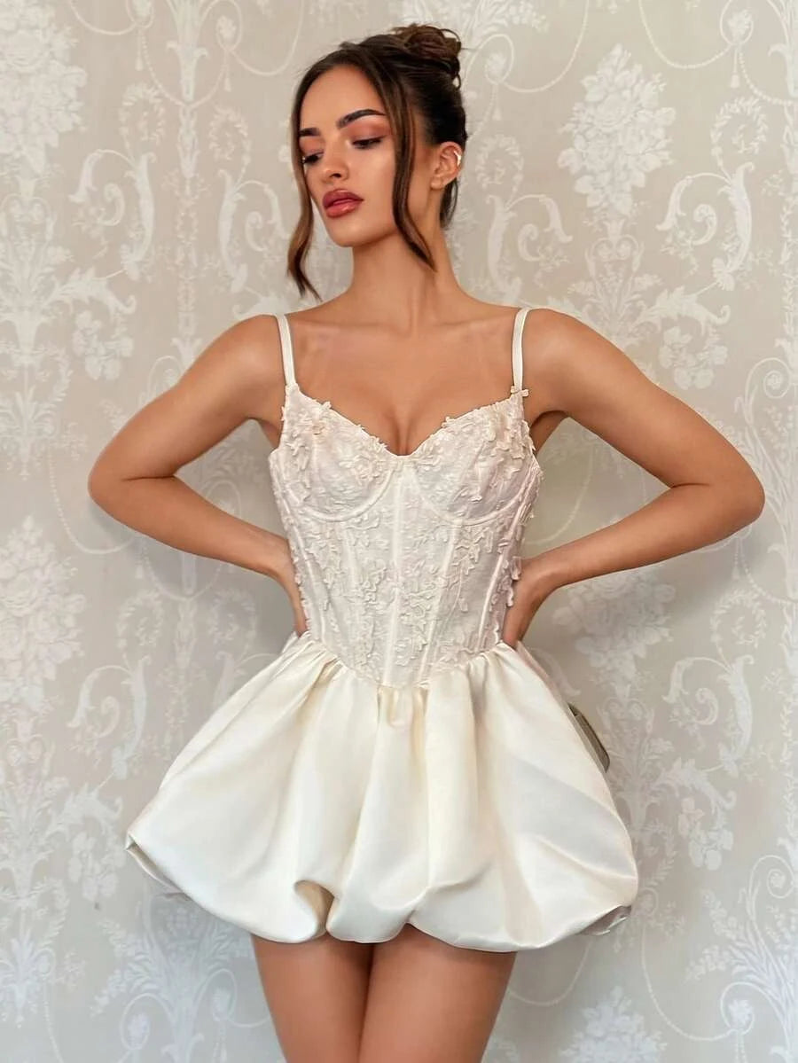 Pretty A-Line Sweetheart Corset 3D Lace Embroidery Bubble Hem Cream Mini Homecoming Dress