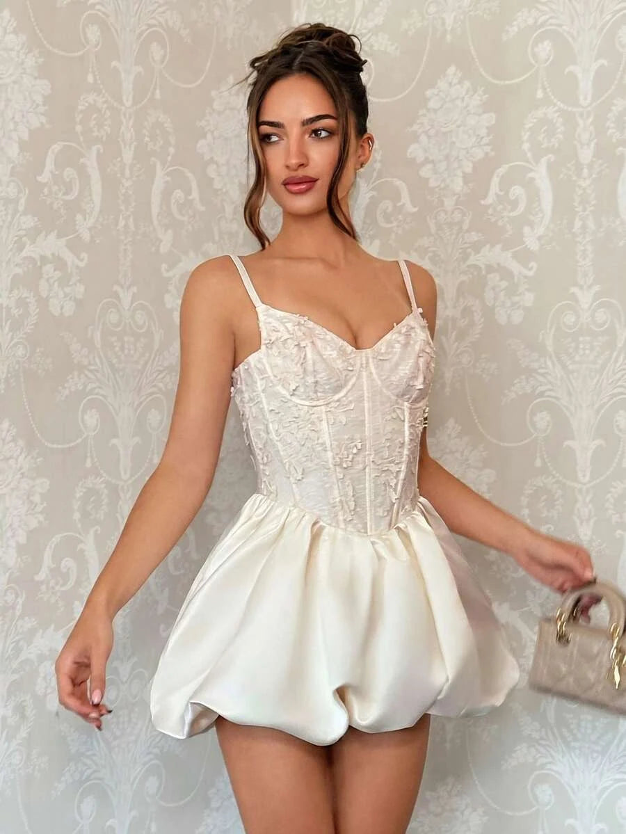 Pretty A-Line Sweetheart Corset 3D Lace Embroidery Bubble Hem Cream Mini Homecoming Dress